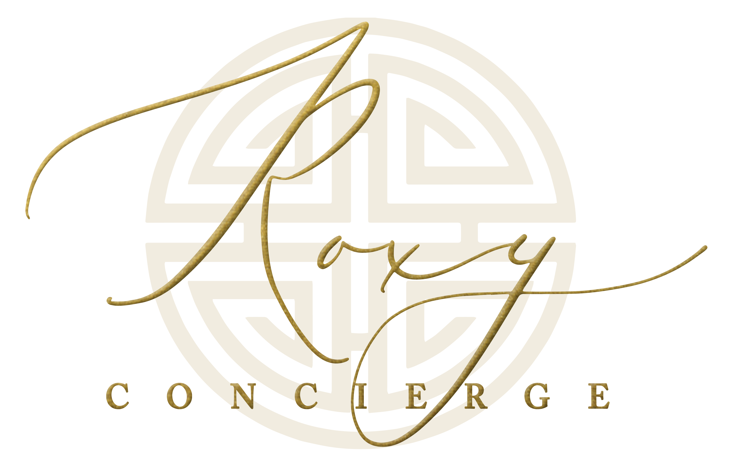 Logo of Roxy Concierge featuring a circular design with intricate patterns and elegant golden script.