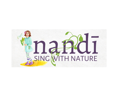 Logo for 'nandi' featuring a girl holding plants with the tagline 'SING WITH NATURE'.