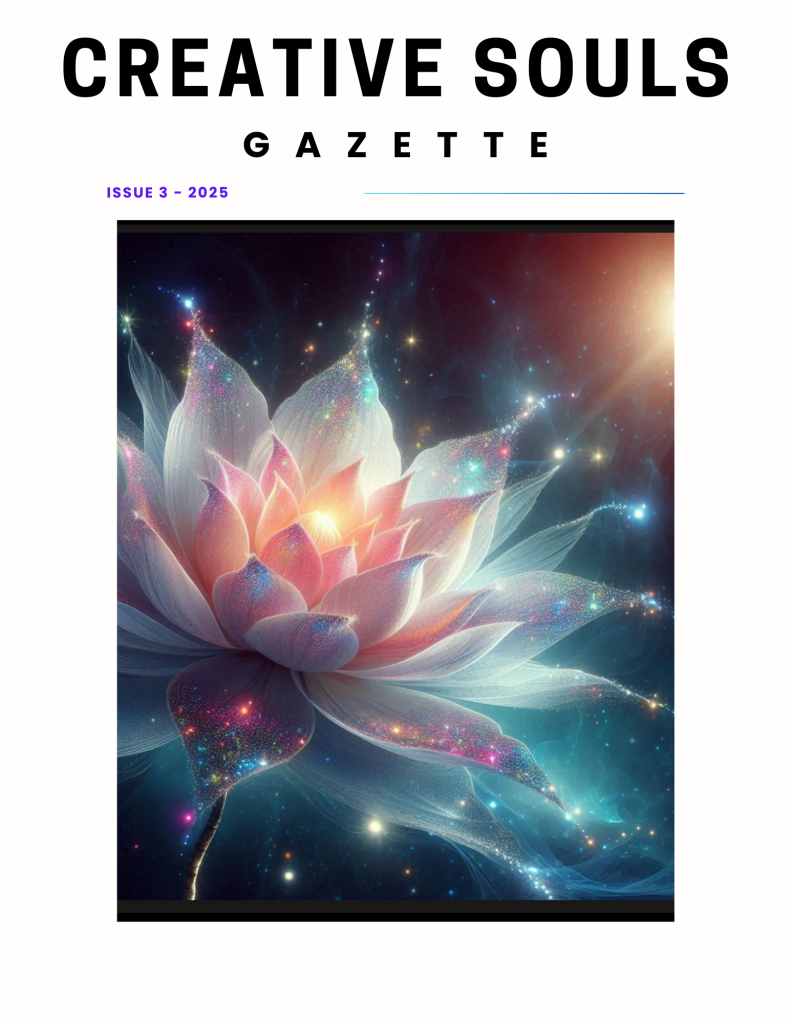 A colorful digital illustration of a glowing lotus flower surrounded by a cosmic background, featuring stars and abstract patterns.