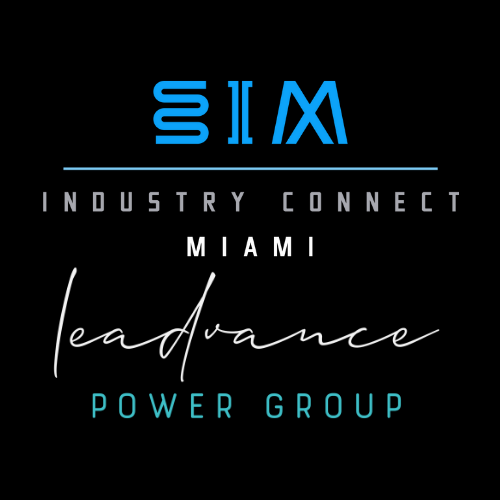 Logo for SIM Industry Connect Miami LeadAdvance Power Group with blue and white text on a black background.