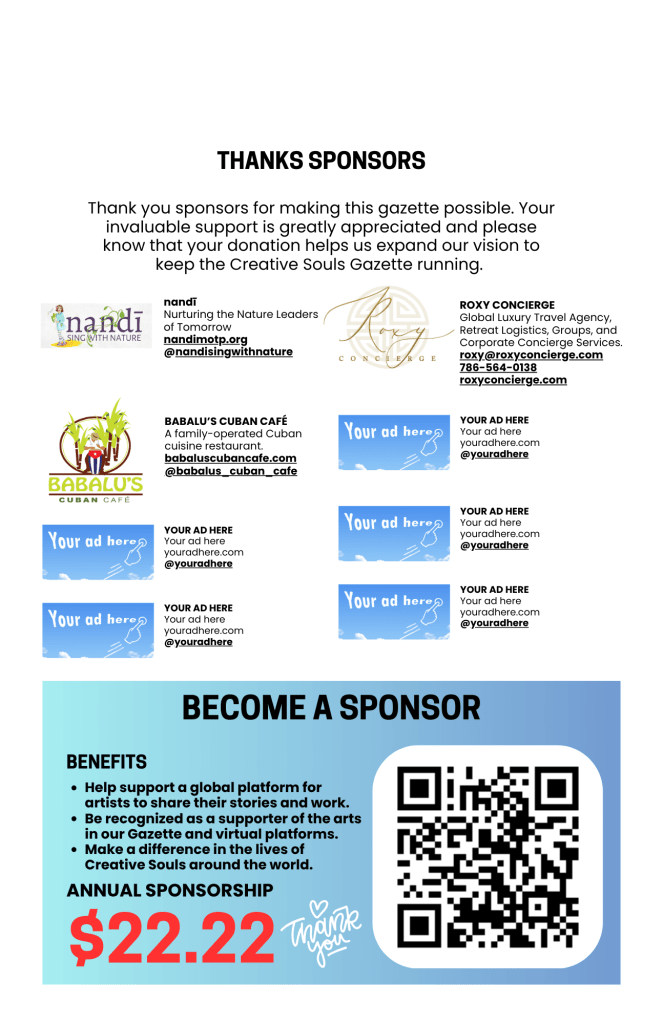 A graphic thanking sponsors for the Creative Souls Gazette, featuring logos and contact information for various sponsors including nandi, ROXY CONCIERGE, and BABALU'S CUBAN CAFÉ, along with spaces for additional ads and a call to become a sponsor.